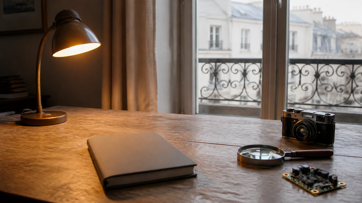 Editorial research desk with a blank notebook, camera, magnifier, and circuit board