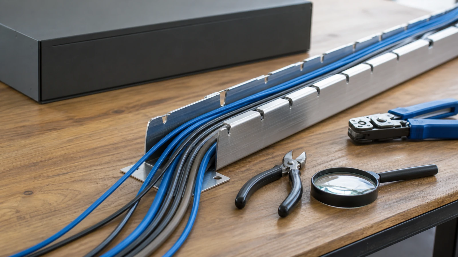 Unbranded technology cable-management workbench with precision tools